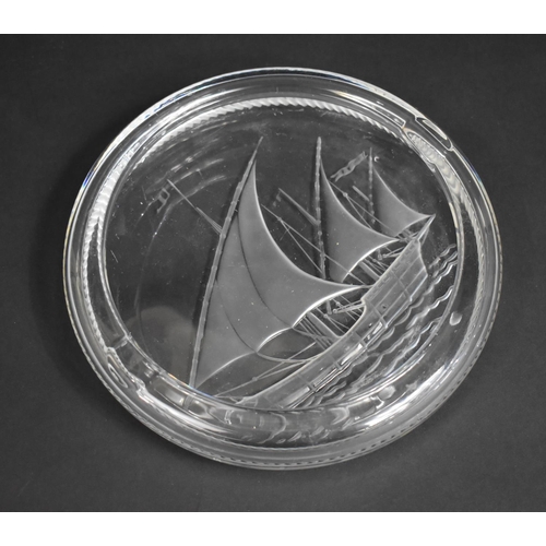 291 - A Lalique Glass Ashtray with Sailboat Motif, 18cms Diameter