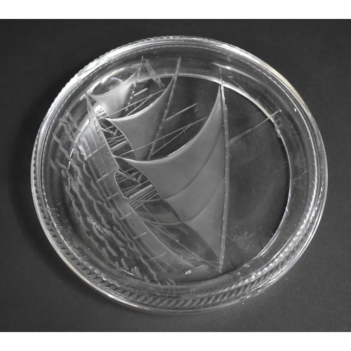 291 - A Lalique Glass Ashtray with Sailboat Motif, 18cms Diameter