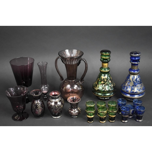 374 - A Collection of Various Coloured Glass to comprise Tot Sets and Decanters, Purple Glass Etc