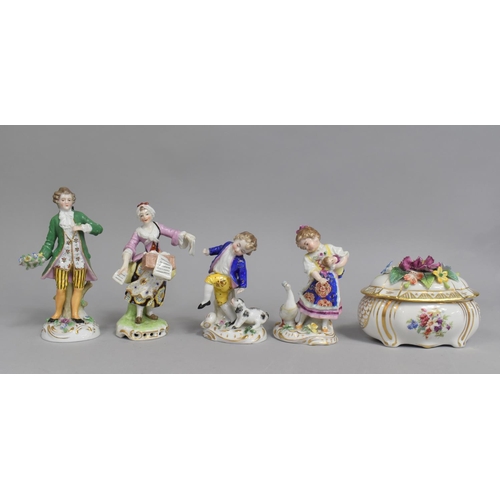 385 - Collection of German Porcelain to Comprise Two Pairs of Figures and a Lidded Box