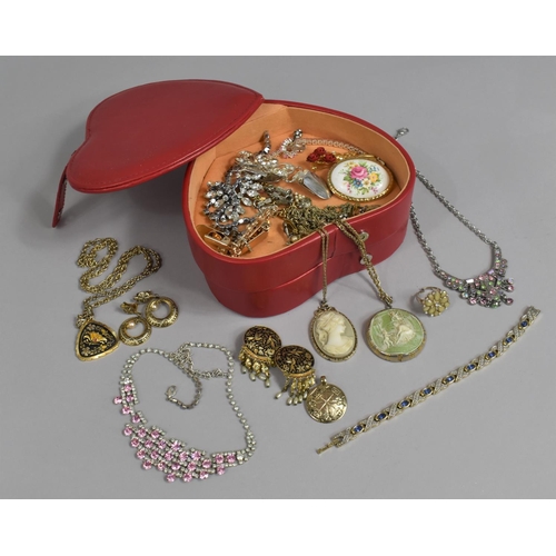 435 - A Leather Mounted Two Section Heart Shaped Jewellery Box Containing Costume Jewellery