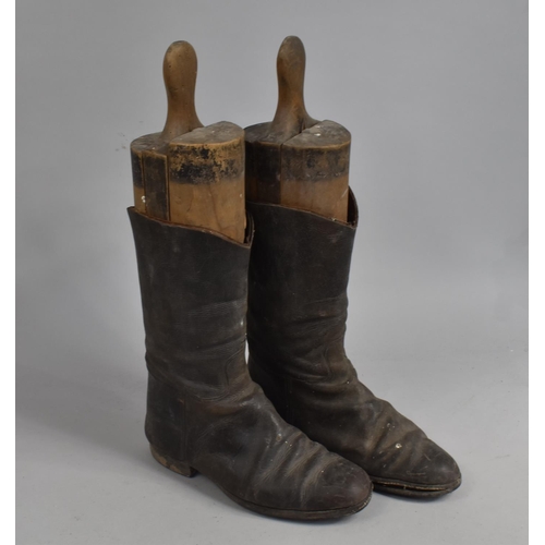 459 - A Pair of Vintage Leather Riding Boots with Wooden Trees, Wormed, 48cms High, Condition Issues to Bo... 