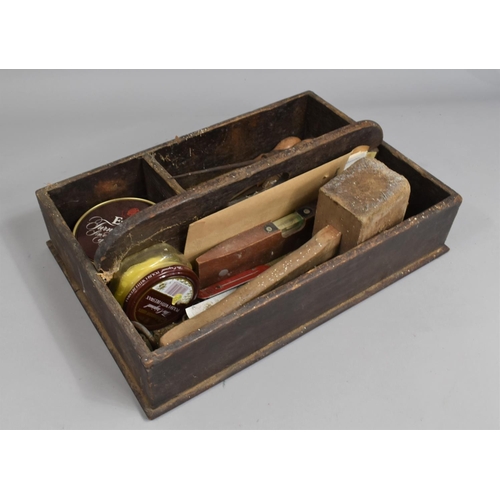 460 - A Vintage Wooden Tool Tray with Central Carrying Handle with Tooling Items including Chisels, Mallet... 