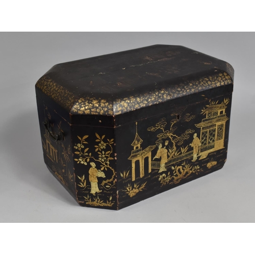 69 - An Oriental Lacquered Box with Gilt Decoration Depicting Pagoda, Figures, Garden Etc, Decoration to ... 