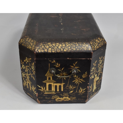 69 - An Oriental Lacquered Box with Gilt Decoration Depicting Pagoda, Figures, Garden Etc, Decoration to ... 