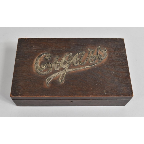 1 - An Edwardian Oak Two Division Cigar Box with Silver Label to Hinged Lid, 27.5cms Wide
