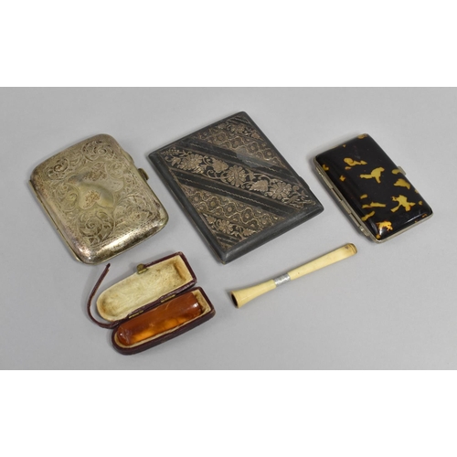 11 - A Collection of Various Silver Plated Cigarette Cases, Amber Cheroot Holder Etc