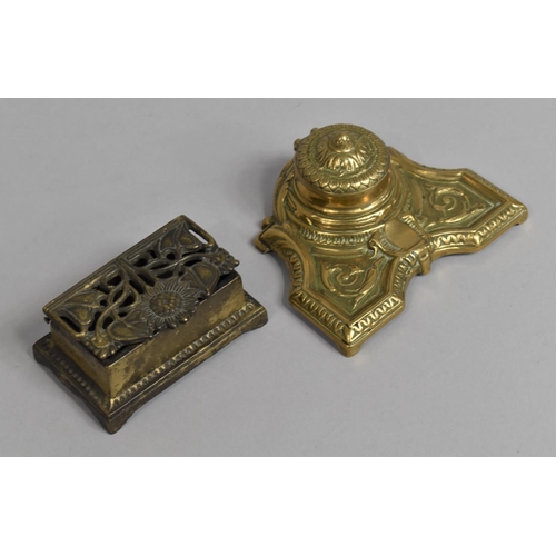 13 - A Reproduction Brass French Style Desk Top Inkwell and a Two Division Stamp Box with Pierced Hinged ... 