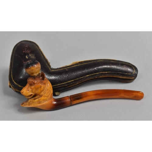 15 - A Vintage Cased Meerschaum Novelty Pipe/Cheroot Holder, The Bowl Carved As a Dog's Head, Amber Mouth... 