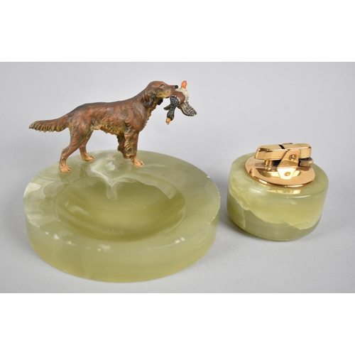19 - A Circular Onyx Ashtray with Cold Painted Spelter Setter with Mallard together with a Ronson Cigaret... 