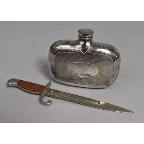 34 - A Silver Plated Hip Flask and a Novelty Letter Opener in the Form of a Bayonet, 17cms Long