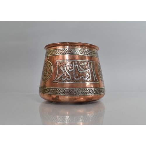 39 - A Cairoware Silver and Copper Pot of Tapering Form, Decorated  with Script, 14.5cms High