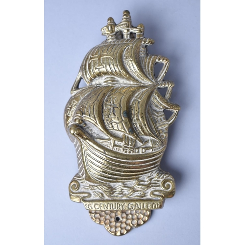 45 - A Modern Brass Door Knocker in the Form of a 16th Century Galleon, 17cms High