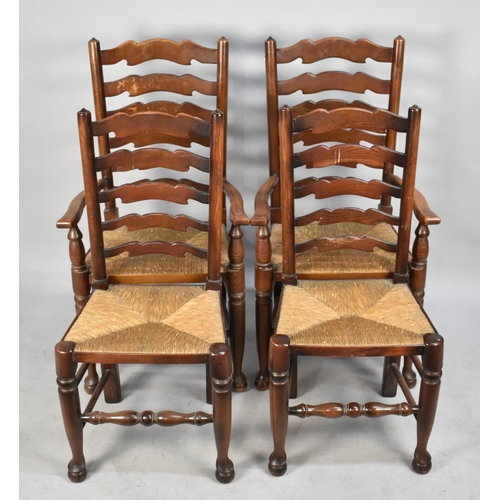 518 - A Set of Four Modern Rush Seated Ladderback Dining Chairs to include Two Carvers