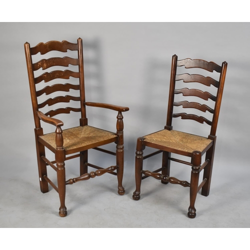 518 - A Set of Four Modern Rush Seated Ladderback Dining Chairs to include Two Carvers