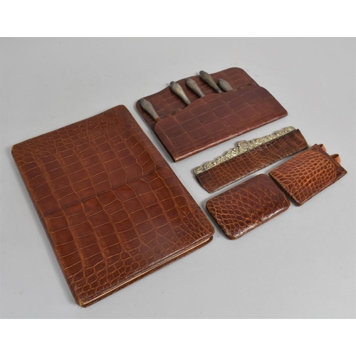 7 - A Collection of Vintage Crocodile Skin Items to include Blotter Book with Pen, Needle Case and Pin H... 