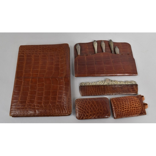 7 - A Collection of Vintage Crocodile Skin Items to include Blotter Book with Pen, Needle Case and Pin H... 