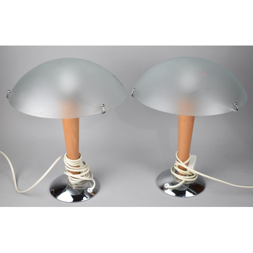 70 - A Pair of Vintage Style Table Lamps with Opaque Circular Domed Shades, Wooden Support and Chrome Bas... 