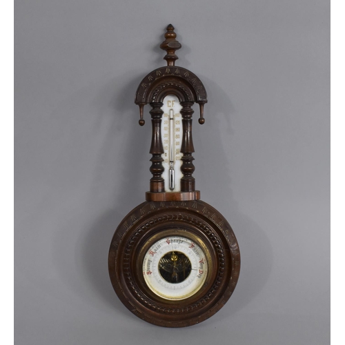 9 - A Late Victorian/Edwardian Mahogany Wall Hanging Wheel Barometer with Temperature Scale, 40cms High