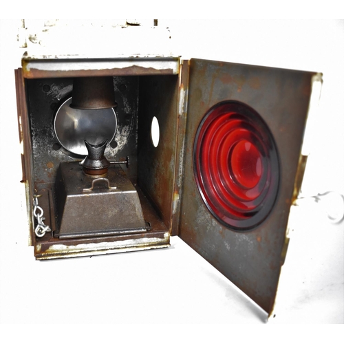 131 - A White Painted British Rail Brake Lamp with Red Bullseye Glass, with Burner, 50cm high