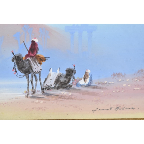 162 - A Framed Gouache by Frank Holme, Desert Scene with Arabs, Camels and Pyramids, 24x14cm