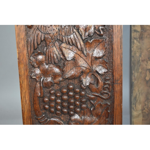 163 - A Carved Oak Panel Depicting Birds, Vines and Grapes, 90x20cm Together with an Inlaid Rosewood Panel... 