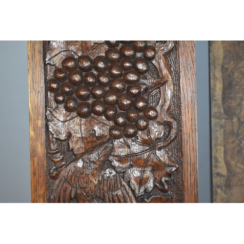 163 - A Carved Oak Panel Depicting Birds, Vines and Grapes, 90x20cm Together with an Inlaid Rosewood Panel... 