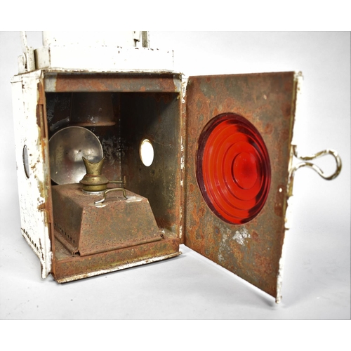 191 - A Vintage White Painted Railway Brake Lamp, Complete with Burner and Red Bulls Eye Lens Glass