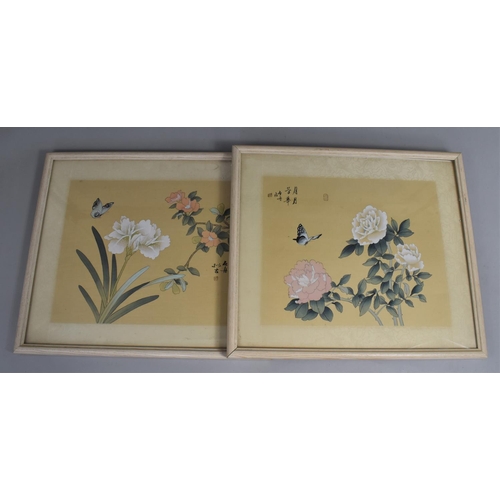 298 - Two Framed Chinese Paintings on Silk, Butterfly and Flowers, Signed, Frames 50x43cms High