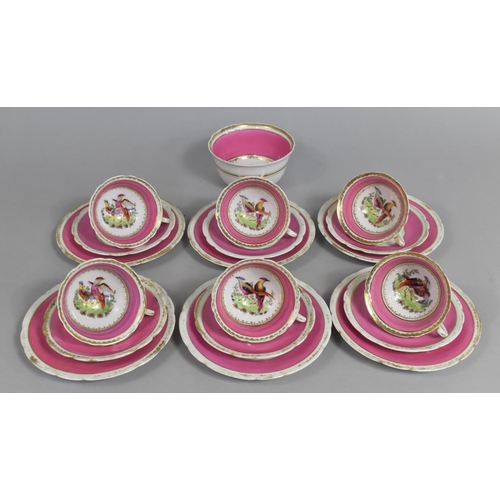 301 - A Continental Porcelain Tea Set Decorated with Central Bird Design with Pink Band Trim and Enriched ... 