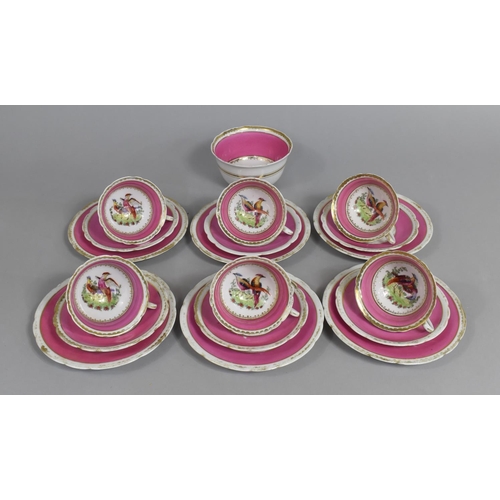 301 - A Continental Porcelain Tea Set Decorated with Central Bird Design with Pink Band Trim and Enriched ... 