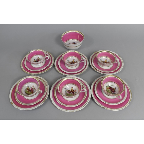 301 - A Continental Porcelain Tea Set Decorated with Central Bird Design with Pink Band Trim and Enriched ... 