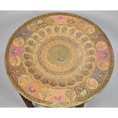 90 - An Indian Brass Benares Tray Set on Folding Wooden Stand, 58.5cms Diameter