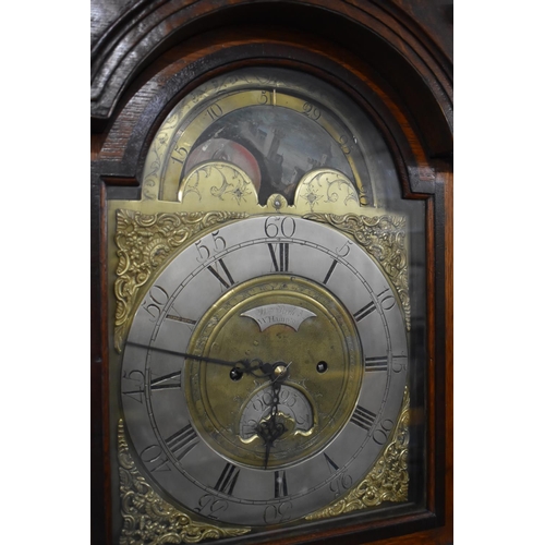 234 - A 19th Century Oak Longcase Clock with Arched Rolling Moon Dial, Pierced Spandrels and Silvered Chap... 