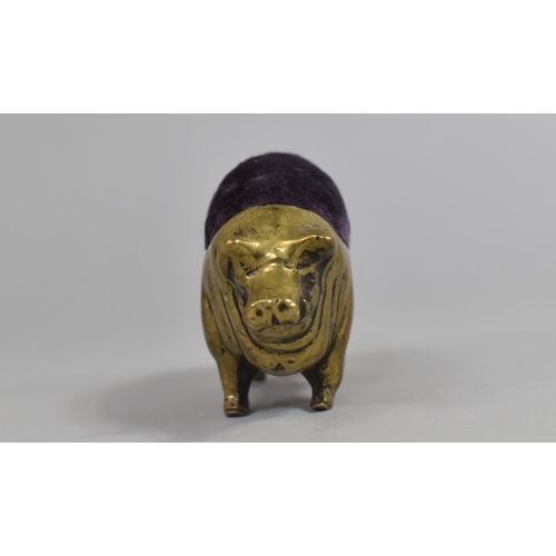 10 - A Late Victorian Novelty Brass Pin Cushion in the form of a Sow, 10cms Long