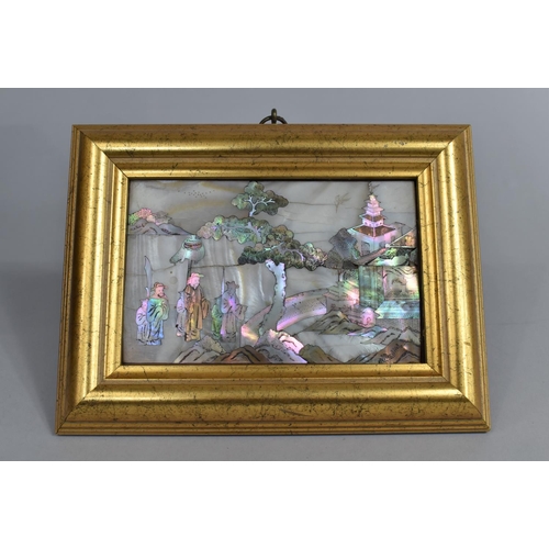 127 - A Small Gilt Framed Oriental Picture Made From Mother of Pearl Depicting Elders, Pagoda and Tree, 14... 