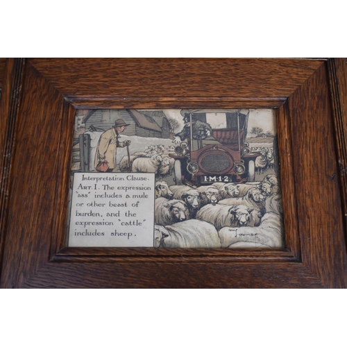 132 - A Set of Eight Oak Framed Humorous Car Prints After Charles Crombie, Each 36x30cms Overall