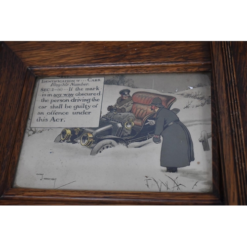 132 - A Set of Eight Oak Framed Humorous Car Prints After Charles Crombie, Each 36x30cms Overall