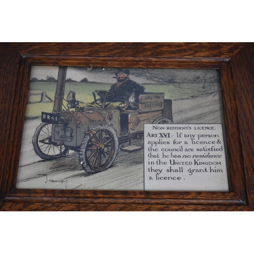 132 - A Set of Eight Oak Framed Humorous Car Prints After Charles Crombie, Each 36x30cms Overall