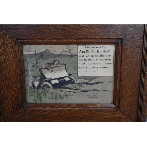 132 - A Set of Eight Oak Framed Humorous Car Prints After Charles Crombie, Each 36x30cms Overall