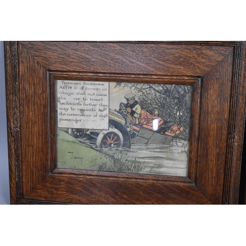 132 - A Set of Eight Oak Framed Humorous Car Prints After Charles Crombie, Each 36x30cms Overall