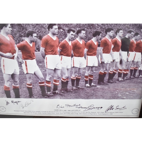 156 - A Collection of Framed Manchester United Busby Babe Prints and Photographs, with Autographs