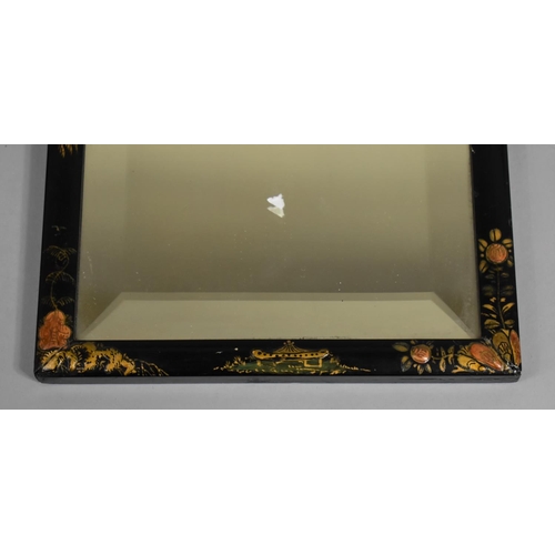 191 - An Early 20th Century Chinese Lacquered Framed Mirror with Bevelled Glass, 25.5x15cms