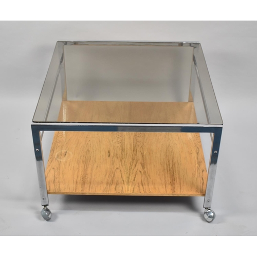 612 - A Mid 20th Century Chrome Trolley Stand with Smoke Glass Top and Wooden Stretcher Shelf, 63cms by 61... 