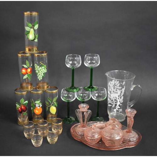 417 - A Collection of Various Glassware to Include Pink Glass Dressing Table Set, Set of Six Highball Tumb... 