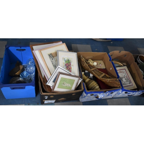 594 - Four Boxes of Various Sundries to comprise Cricket Bat, Pictures and Prints, Shells, Vase, Glassware... 