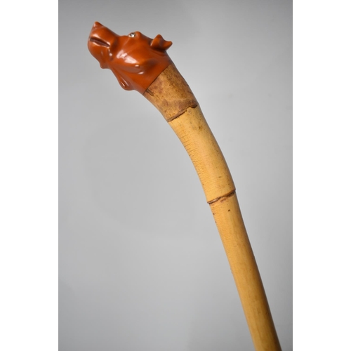 86 - A Novelty Bamboo Walking Cane with Staffordshire Bulldog Handle and Jewelled Eyes