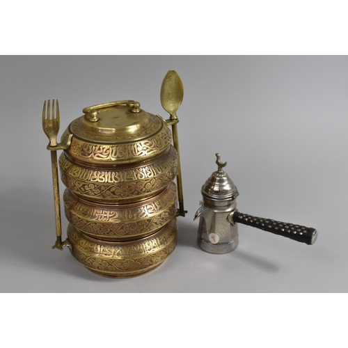 122 - A Far Eastern Brass Three Section Food Carrier/Canteen Box with Side Fork and Spoon Together with a ... 