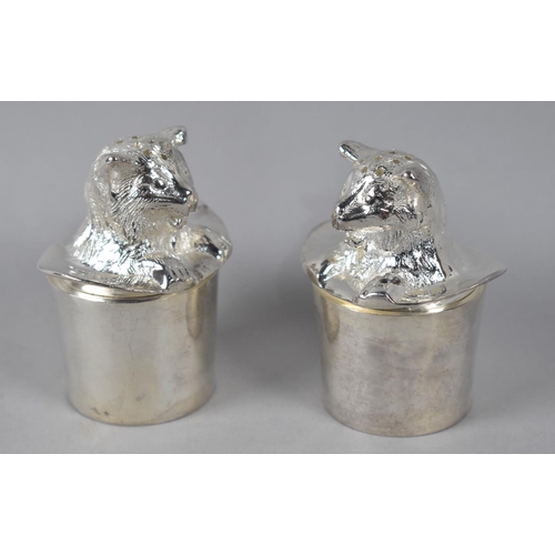 123 - A Pair of Novelty Silver Plated Cruets in the Form of Terriers Sat in Top Hats, 7cm high