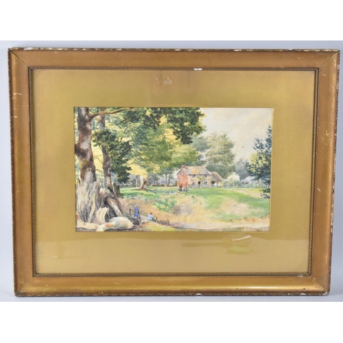 126 - A Gilt Framed Watercolour Depicting Thatched Cottage with Figures and Poultry Beside Tree Lined Stre... 